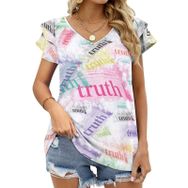 AILLOSA GFY39 Tamamı Baskılı Fırfırlı Kısa Kollu V Yakalı Kadın T-shirt