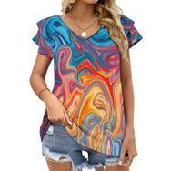 AILLOSA GFY42 Tamamı Baskılı Fırfırlı Kısa Kollu V Yakalı Kadın T-shirt