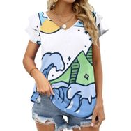 AILLOSA TH-100 V Yakalı Fırfırlı Baskılı Kadın T-shirt