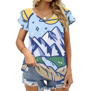 AILLOSA TH-101 V Yakalı Fırfırlı Baskılı Kadın T-shirt