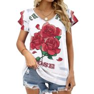 AILLOSA TH-103 V Yakalı Fırfırlı Baskılı Kadın T-shirt