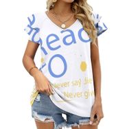 AILLOSA TH-104 V Yakalı Fırfırlı Baskılı Kadın T-shirt