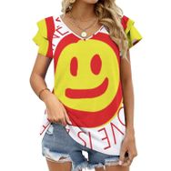 AILLOSA TH-110 V Yakalı Fırfırlı Baskılı Kadın T-shirt