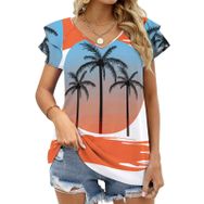 AILLOSA TH-111 V Yakalı Fırfırlı Baskılı Kadın T-shirt
