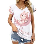 AILLOSA TH-113 V Yakalı Fırfırlı Baskılı Kadın T-shirt