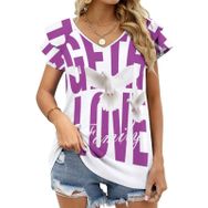 AILLOSA TH-114 V Yakalı Fırfırlı Baskılı Kadın T-shirt