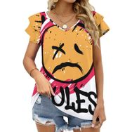 AILLOSA TH-125 V Yakalı Fırfırlı Baskılı Kadın T-shirt