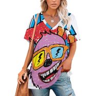 AILLOSA TH-126 Tamamı Baskılı V Yaka Kısa Kollu Kadın T-shirt