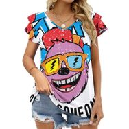 AILLOSA TH-126 V Yakalı Fırfırlı Baskılı Kadın T-shirt