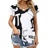 AILLOSA TH-127 V Yakalı Fırfırlı Baskılı Kadın T-shirt