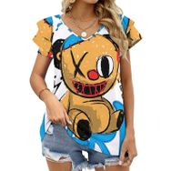 AILLOSA TH-128 V Yakalı Fırfırlı Baskılı Kadın T-shirt