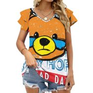 AILLOSA TH-129 V Yakalı Fırfırlı Baskılı Kadın T-shirt