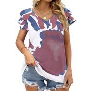 AILLOSA TH-13 V Yakalı Fırfırlı Baskılı Kadın T-shirt
