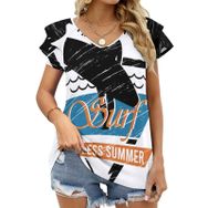AILLOSA TH-130 V Yakalı Fırfırlı Baskılı Kadın T-shirt