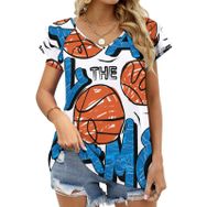 AILLOSA TH-131 V Yakalı Fırfırlı Baskılı Kadın T-shirt