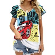AILLOSA TH-132 V Yakalı Fırfırlı Baskılı Kadın T-shirt