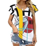 AILLOSA TH-135 V Yakalı Fırfırlı Baskılı Kadın T-shirt