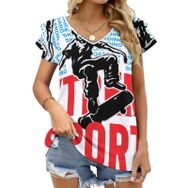 AILLOSA TH-136 V Yakalı Fırfırlı Baskılı Kadın T-shirt