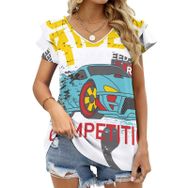 AILLOSA TH-137 V Yakalı Fırfırlı Baskılı Kadın T-shirt