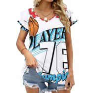 AILLOSA TH-138 V Yakalı Fırfırlı Baskılı Kadın T-shirt