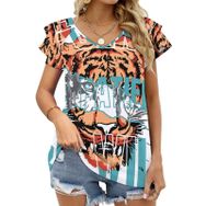AILLOSA TH-139 V Yakalı Fırfırlı Baskılı Kadın T-shirt