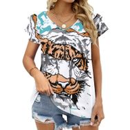 AILLOSA TH-140 V Yakalı Fırfırlı Baskılı Kadın T-shirt