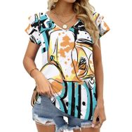 AILLOSA TH-141 V Yakalı Fırfırlı Baskılı Kadın T-shirt