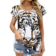 AILLOSA TH-142 V Yakalı Fırfırlı Baskılı Kadın T-shirt