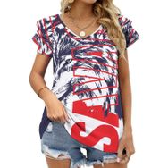 AILLOSA TH-143 V Yakalı Fırfırlı Baskılı Kadın T-shirt