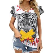 AILLOSA TH-145 V Yakalı Fırfırlı Baskılı Kadın T-shirt