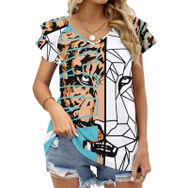AILLOSA TH-146 V Yakalı Fırfırlı Baskılı Kadın T-shirt