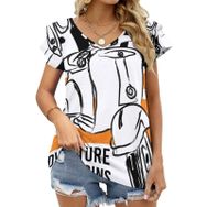 AILLOSA TH-148 V Yakalı Fırfırlı Baskılı Kadın T-shirt