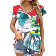AILLOSA TH-150 V Yakalı Fırfırlı Baskılı Kadın T-shirt