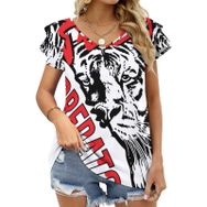 AILLOSA TH-153 V Yakalı Fırfırlı Baskılı Kadın T-shirt