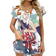 AILLOSA TH-154 V Yakalı Fırfırlı Baskılı Kadın T-shirt