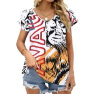 AILLOSA TH-155 V Yakalı Fırfırlı Baskılı Kadın T-shirt