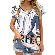 AILLOSA TH-159 V Yakalı Fırfırlı Baskılı Kadın T-shirt
