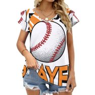 AILLOSA TH-160 V Yakalı Fırfırlı Baskılı Kadın T-shirt