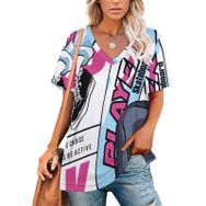 AILLOSA TH-162 Tamamı Baskılı V Yaka Kısa Kollu Kadın T-shirt
