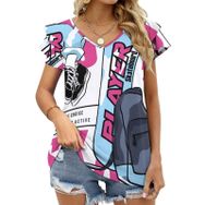 AILLOSA TH-162 V Yakalı Fırfırlı Baskılı Kadın T-shirt