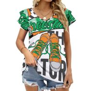 AILLOSA TH-163 V Yakalı Fırfırlı Baskılı Kadın T-shirt