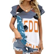 AILLOSA TH-164 V Yakalı Fırfırlı Baskılı Kadın T-shirt