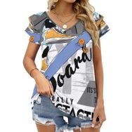 AILLOSA TH-165 V Yakalı Fırfırlı Baskılı Kadın T-shirt