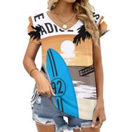 AILLOSA TH-167 V Yakalı Fırfırlı Baskılı Kadın T-shirt