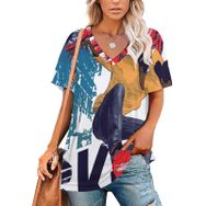 AILLOSA TH-169 Tamamı Baskılı V Yaka Kısa Kollu Kadın T-shirt
