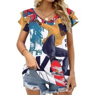 AILLOSA TH-169 V Yakalı Fırfırlı Baskılı Kadın T-shirt
