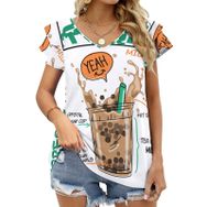 AILLOSA TH-171 V Yakalı Fırfırlı Baskılı Kadın T-shirt
