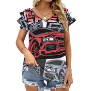 AILLOSA TH-172 V Yakalı Fırfırlı Baskılı Kadın T-shirt