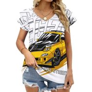 AILLOSA TH-173 V Yakalı Fırfırlı Baskılı Kadın T-shirt