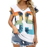 AILLOSA TH-175 V Yakalı Fırfırlı Baskılı Kadın T-shirt